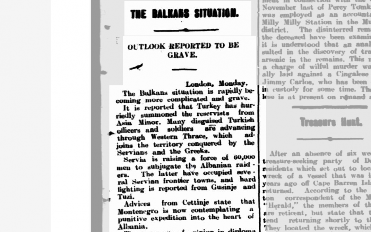 A newspaper clipping titled 'The Balkans situation, Outlook reported to be grave'.