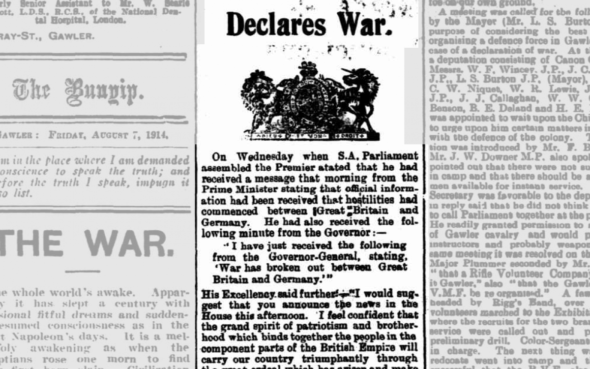 A clipping of a newspaper titled 'Great Britain declares war.'