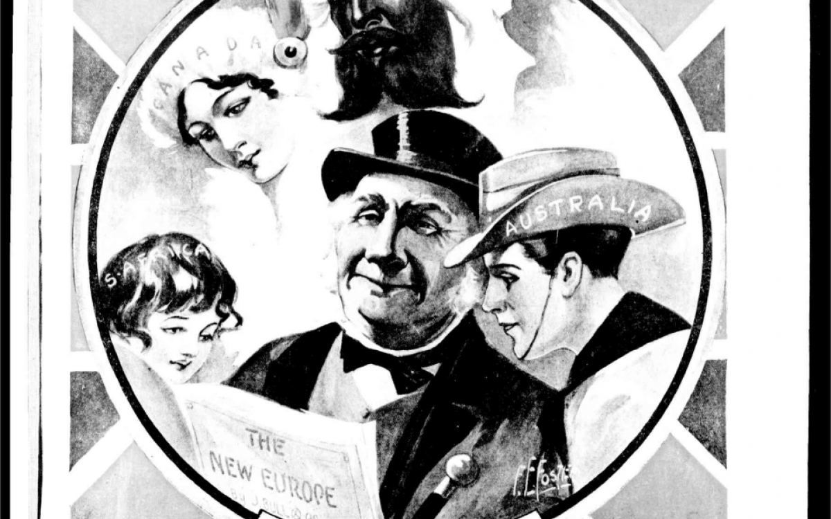 A drawing of people in a circle set against the Union Jack, titled 'The Family gathering'. A woman has a hat with 'Canada' on it, a man in a turban has 'India' on it, a boy with a soldier's hat saying Australia reads a newspaper in the hands of an older man in a top hat. The newspaper says 'the New Europe'.
