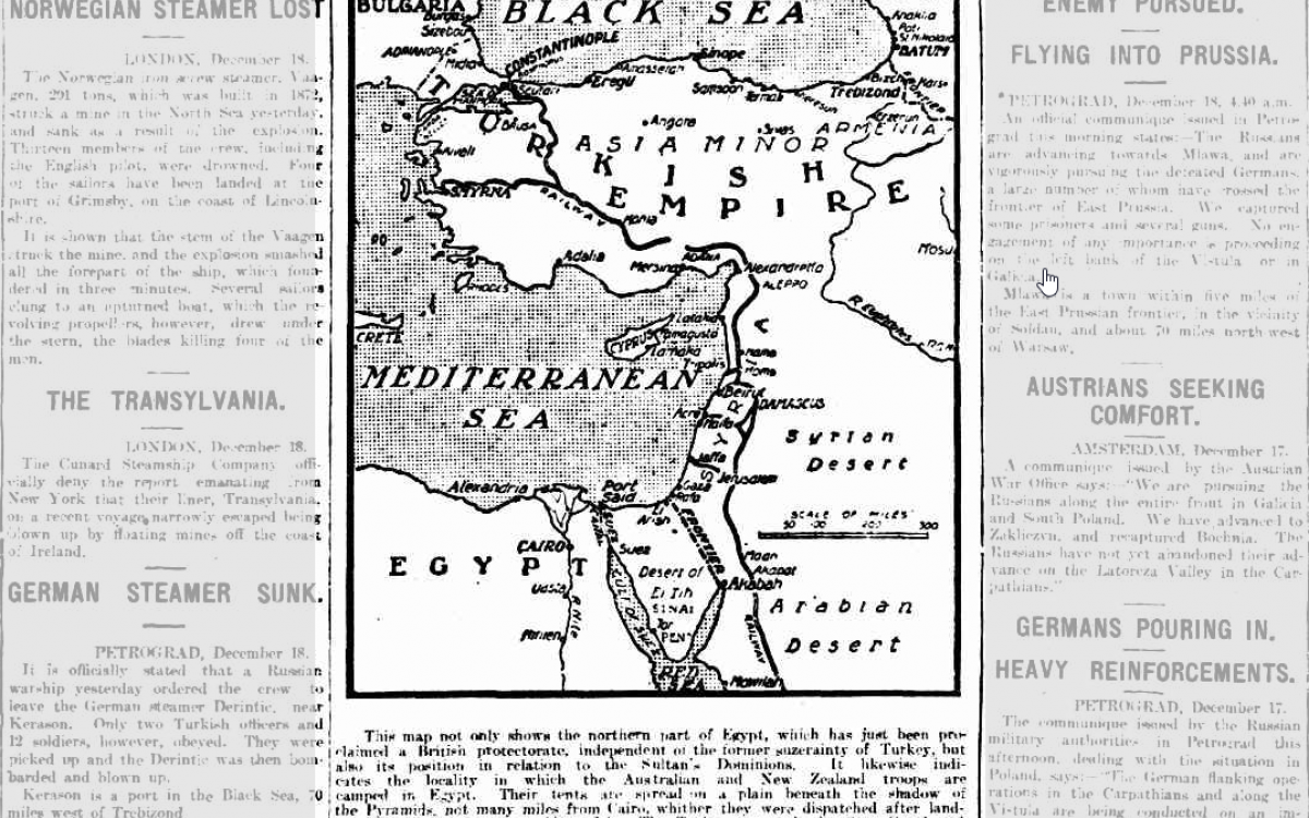 A newspaper clipping titled 'The Australian troops in Egypt', with a map of the region.