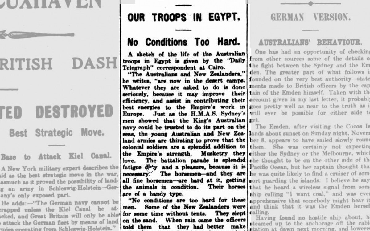 A newspaper clipping titled 'Getting fit, Our troops in Egypt.'