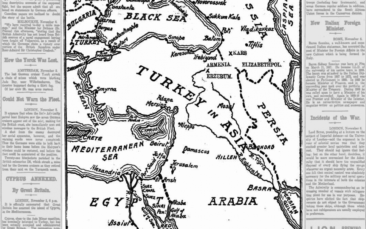 newspaper article, World War One, map featuring the War against Turkey
