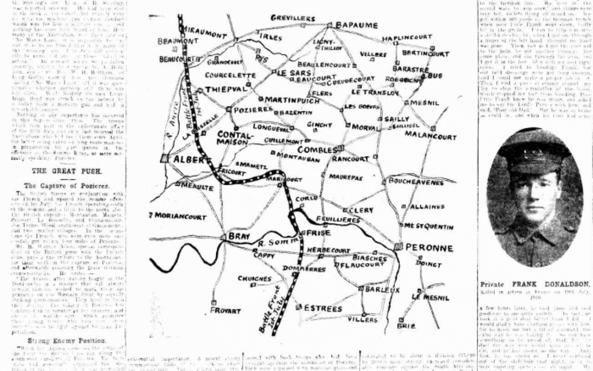 Newspaper print, map of the Somme battleground