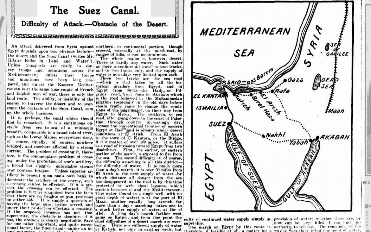 newspaper article featuring a map of the Suez Canal