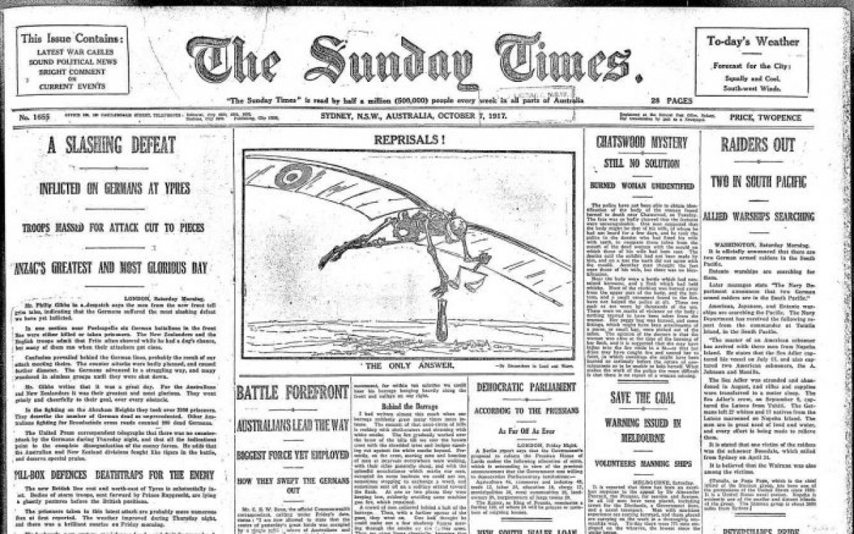 The Sunday Times front page, featuring a cartoon of a skeleton flying a glider