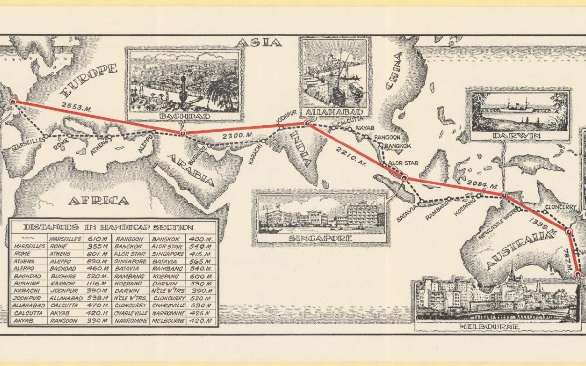 untitled map showing route and including a table "Distances in handicap section"