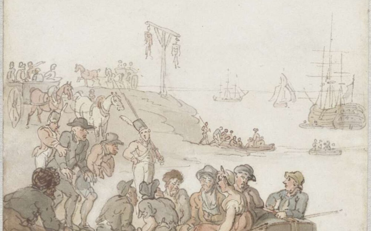 Pen drawing of Convicts embarking for Botany Bay