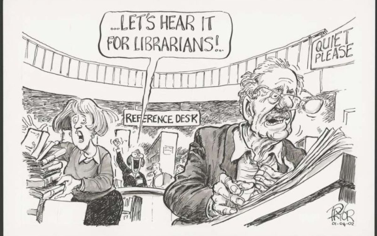 A black and white cartoon showing a woman with a bob haircut and a startled look on her face, about to drop a pile of books, a person behind her yelling 'Let's hear it for librarians!' and a man trying to read a newspaper, loosing his glasses as he jumps, under a sign saying 'Quiet please'.