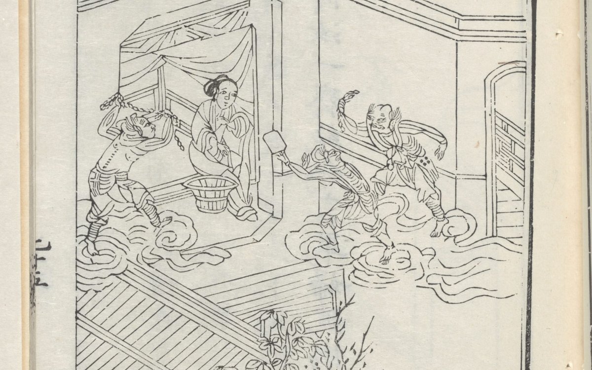 illustration of three creatures emerging from the fog to confront a man