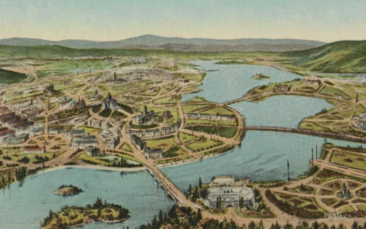 A sketch view of Canberra as designed looking West from the early 20th century.