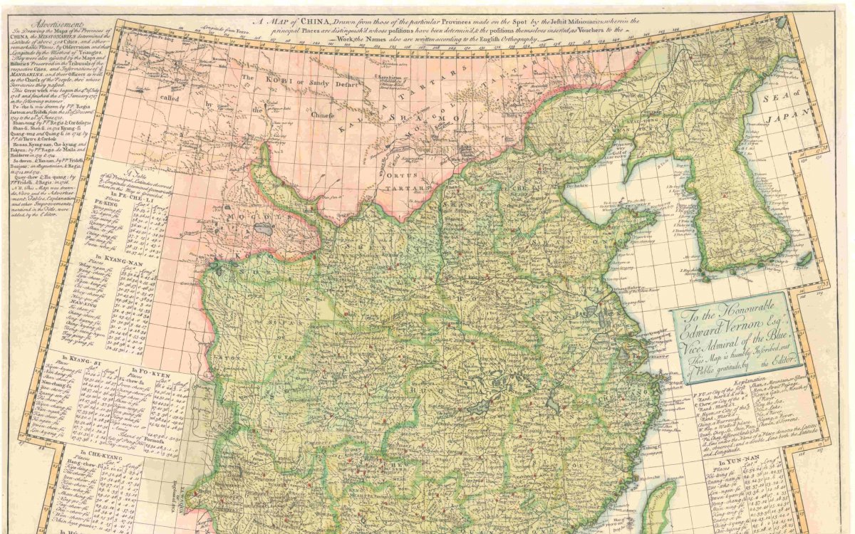 A comprehensive and detailed map of China based on D'Anville's 1735 map, with extensive charts divided into provinces and giving the longtitude and latitude of all the main towns and cities