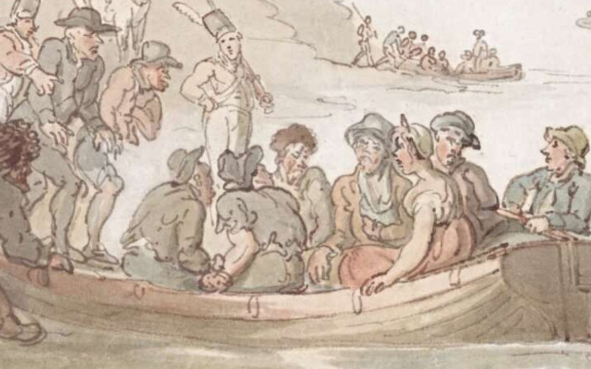 Drawing of convicts on boat being taken to convict ships