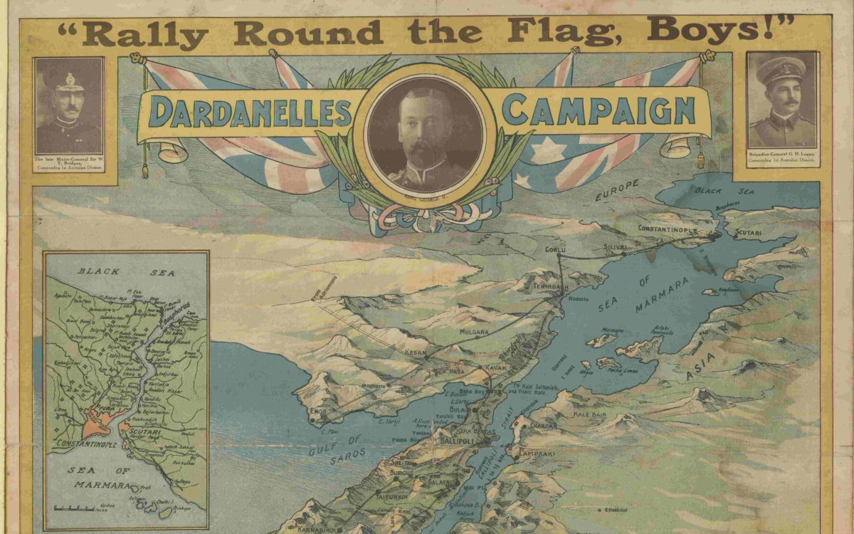 Map of the Dardanelles Strait, Turkey, used as a World War I recruiting poster. Relief shown pictorially.
