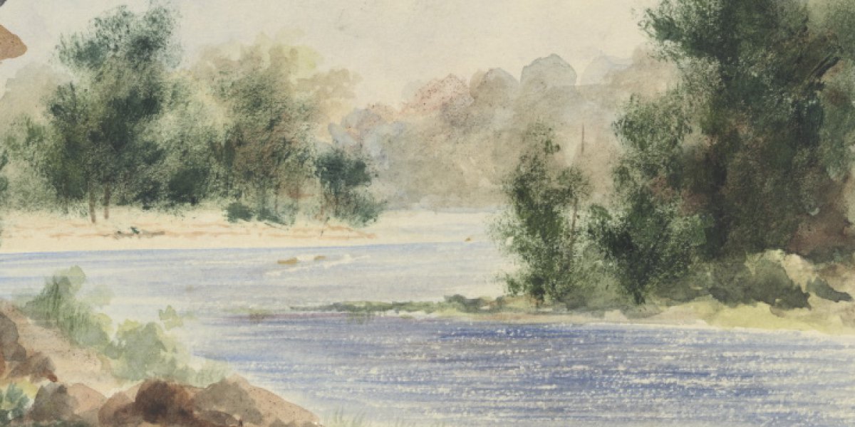 A watercolour painting of Clarence River, near Dr. Dobie's, in New South Wales by Edward Thomson
