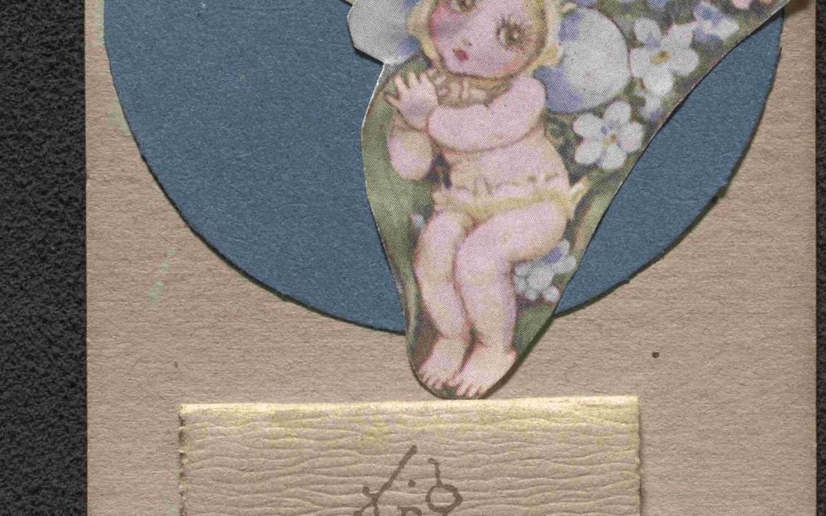 A colour paper cutout of a Gumnut baby amongst forget-me-nots on card and a folded over card/calendar with the word 'greeting' written on it next to May Gibbs signature.