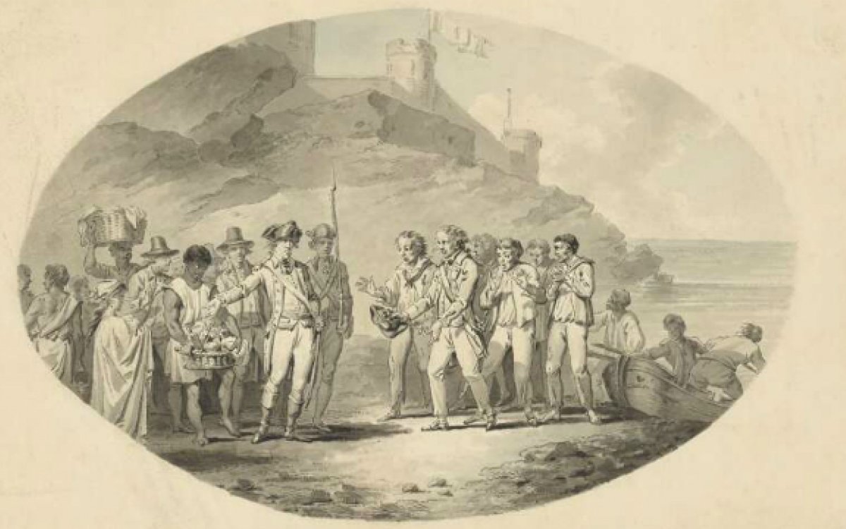 Sketch of William Bligh and crew with crowd of people 