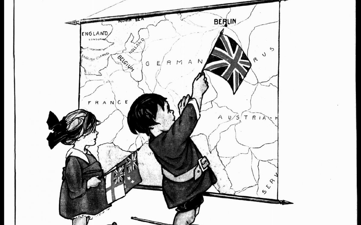 An image of a magazine titled 'The Sydney Mail, Price - Theepence, War Issue No.XXI.' A cartoon drawing of a little girl holding and Australian flag and a little boy pointing at Berlin with a British flag, saying 'That's where Daddy's going'.