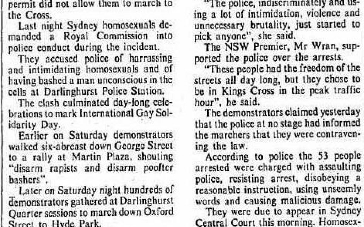 A newspaper clipping with the heading 'Homosexuals and police clash'.