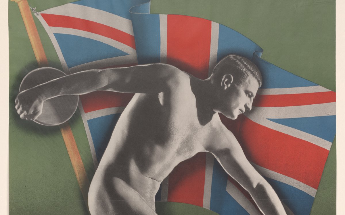 A large poster showing a naked man preparing to throw a discuss. Behind him is a Union Jack on a green background. There is a red strip along the bottom of the page with the words "Australia's 150th Anniversary Celebrations. Sydney 1938". In smaller writing next to the man is text saying "British Empire Games 5 to 12 Feb 1938