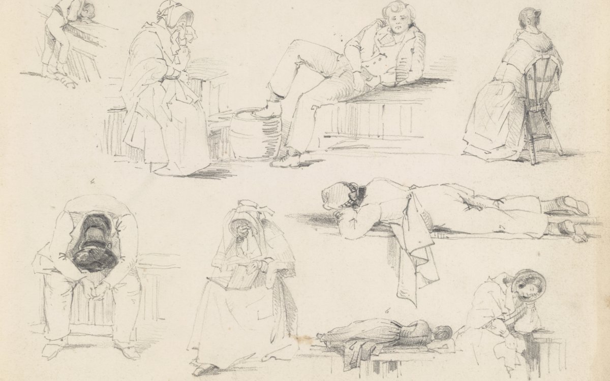 A series of small portrait sketches showing people sitting and lying in different positions