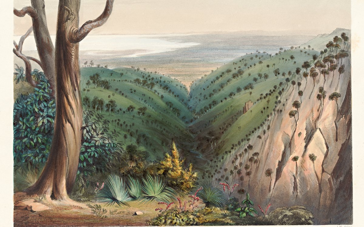 Painting of rolling green hills with sea visible in the background