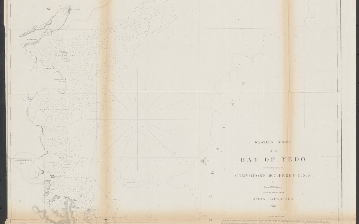Highly detailed hydrographic map of Yedo (Tokyo) Bay as mapped by Commodore Perry's expedition in 1854.Map of the western shore of the Bay of Yedo, Japan with relief shown by hachures. Depth shown by soundings.  In upper right margin: Lith. of J. Bien, 60 Fulton St., N.Y.  Prime meridian: Greenwich.  Includes sailing directions.
