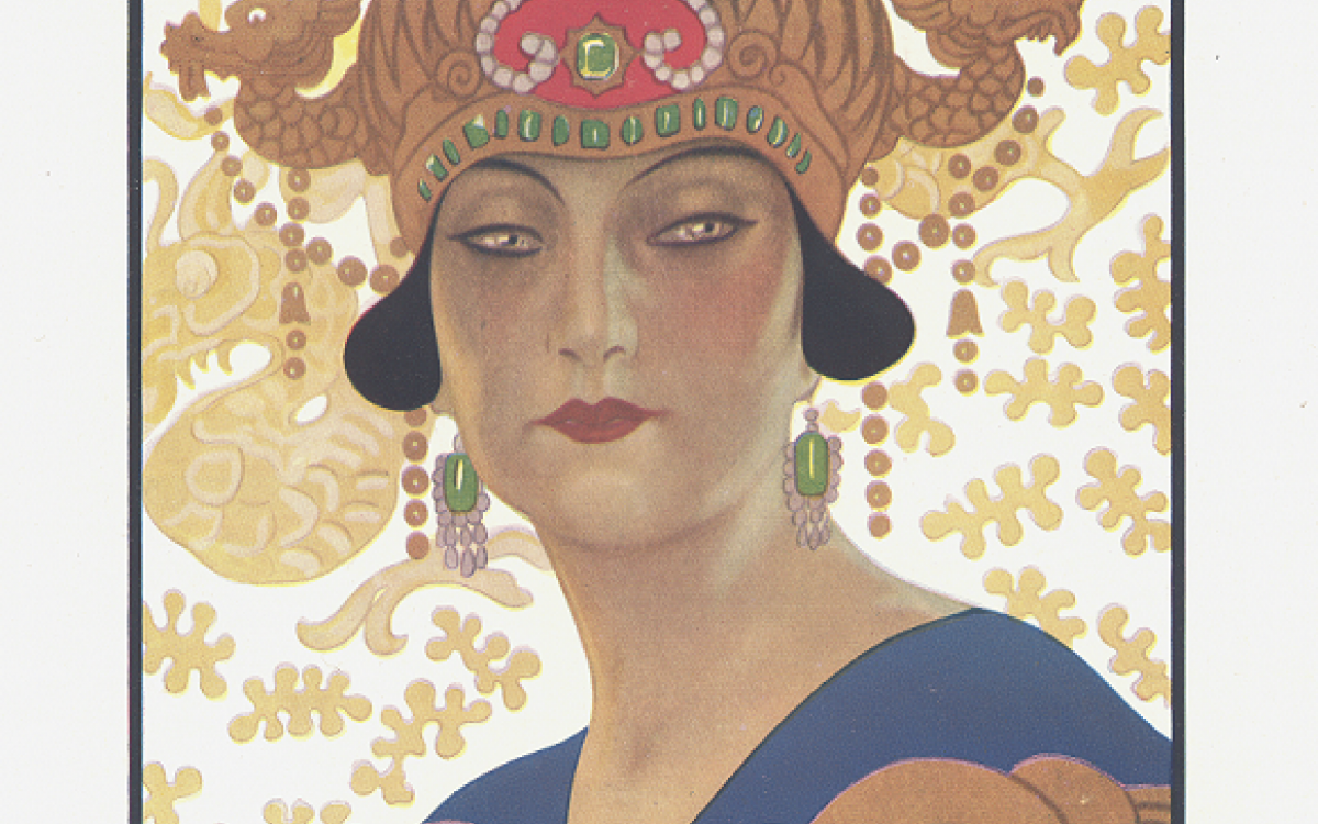Pamphlet for Opera Puccini, featured an illustrated portrait of a woman wearing an ornate headdress