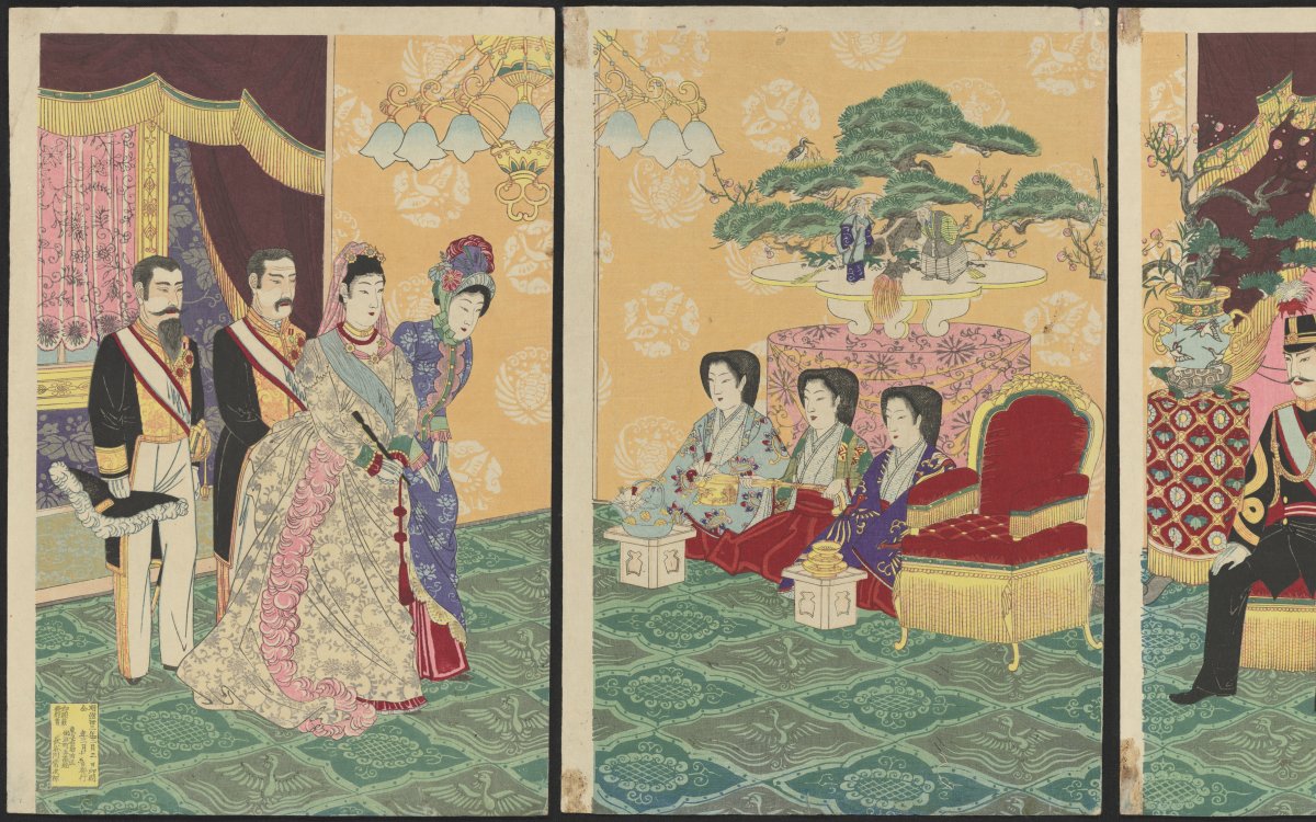 The Japanese print set depicts the ceremonial scene of marriage of very high class couple, possibly the emperor and his would be wife; various traditionally Japanese customs can be observed, and at the same time, Western influences in clothing and decorations are also eminent.