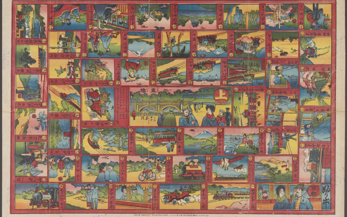 A Japanese boardgame from 1921. The board is colourful and has many squares, each with images. 	 The game starts from Kyoto station and finish at Nijūbashi, next to Imperial Palace of Tokyo. Various types of transportaion as well as people in Western clothing are depicted.