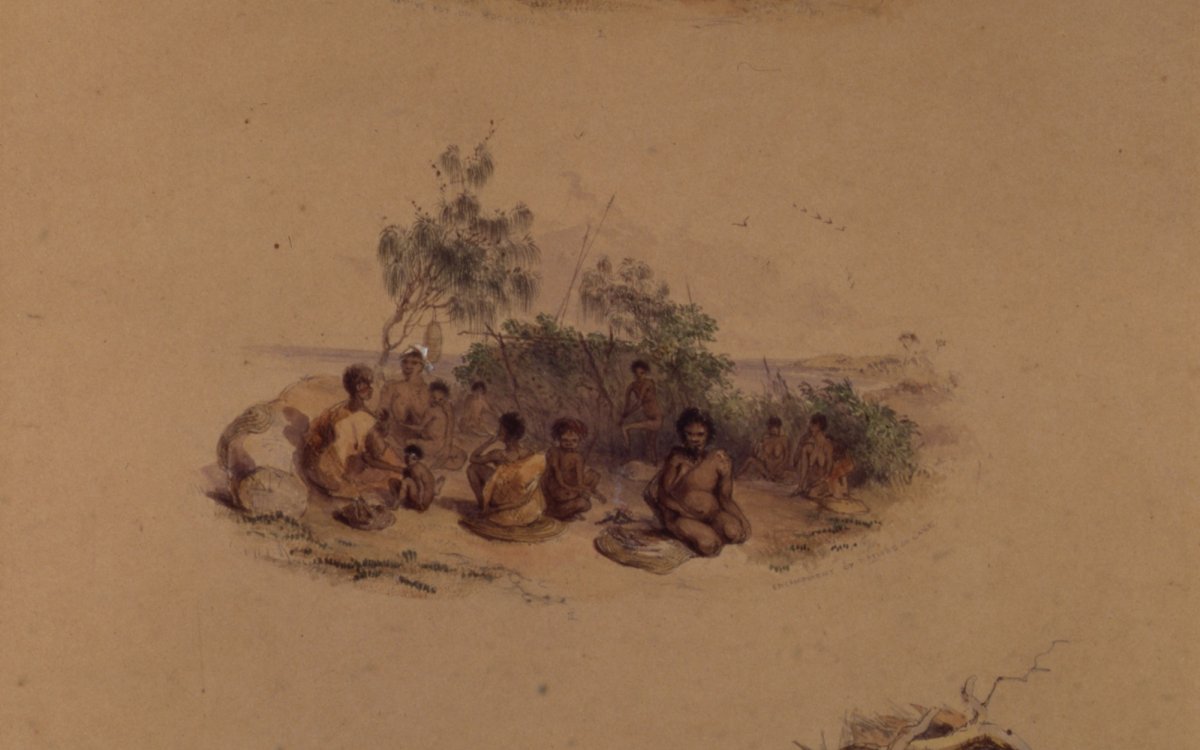 Watercolour representation of dwellings on brown paper