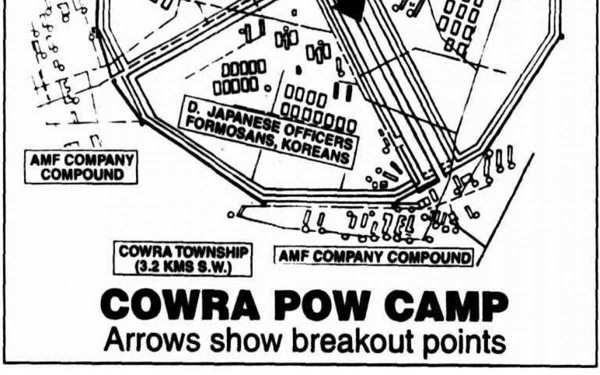 A black and white newspaper map of the Cowra POW Camp. The camp is a dodegahedral shape, it is divided into four compounds and each is labeled: A. Italian, B: Japanese, C: Italian, D: Japanese Officers, Formosans, Koreans. There are large arrows showing the direction taken by prisoners breaking out of the compound