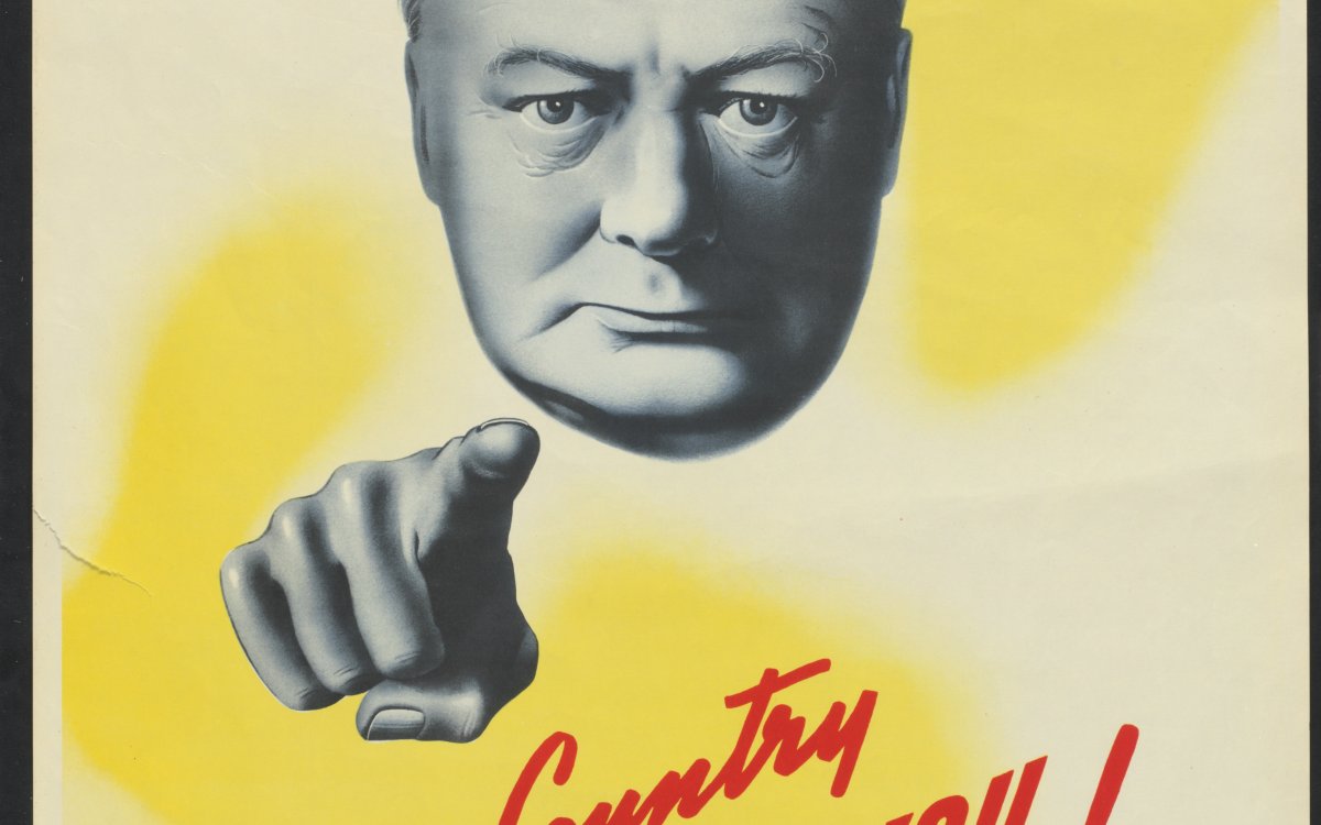 A wartime recruitment poster. In the upper middle of the poster is the head of Prime Minister Winston Churchill. He is staring directly at the viewer with a stern expression. Below him to the left is his detached hand with his index finger pointing directly at the viewer. Both head and hand are stylised in black and white. They float on a background of white and yellow swirls. Underneath the hand in red script are the words "Your Country needs YOU" beneath that, a red banner reading "Join the AIF now! 