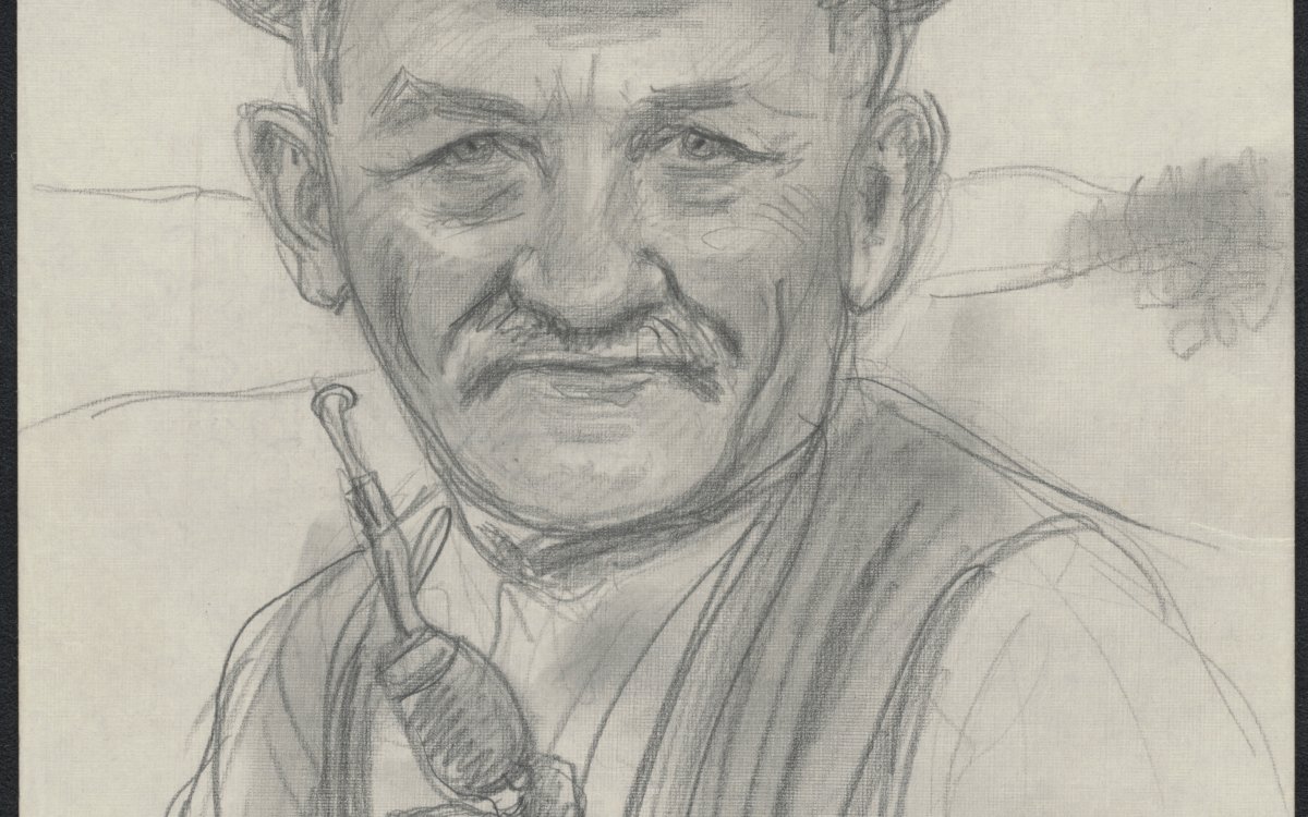 A charcoal on paper sketch of an older man. He is wearing a flat hunting cap. He has a short trimmed moustach. He is looking directly at the viewer and is holding a pipe. He is wearing a dark vest over a white shirt. 