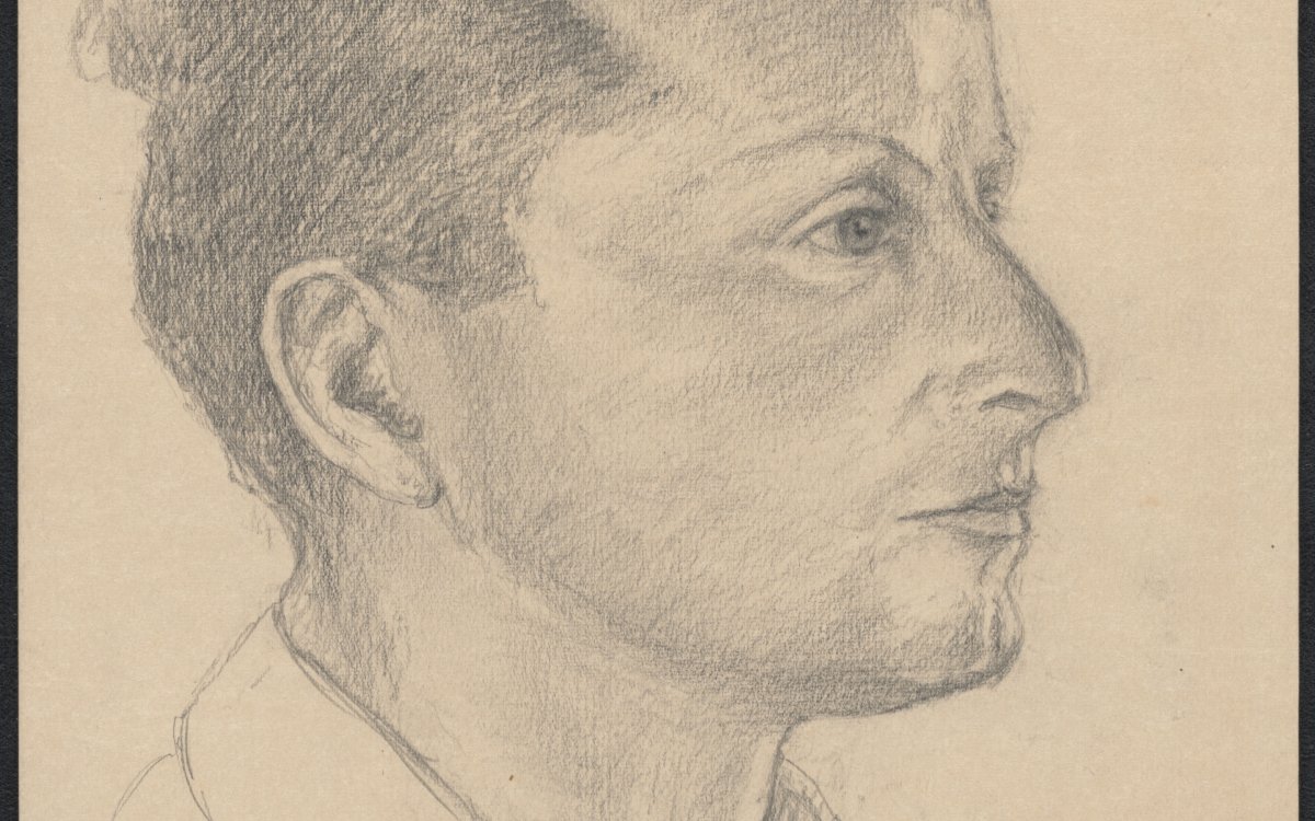 Charcoal on paper sketch of the head and shoulders of a young man. He has hair neatly swept back. He is wearing an collared white shirt with the collar open. He is in profile staring off to the right.