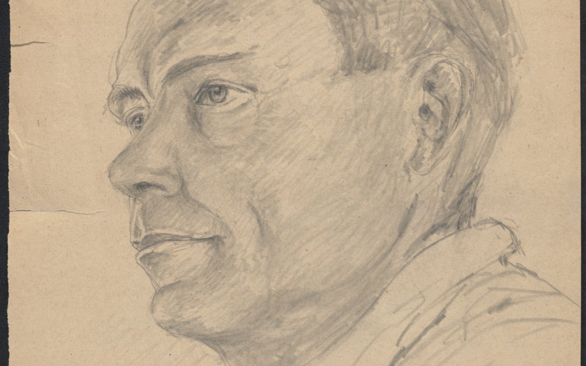 A charcoal on paper sketch of a late middle-aged man. He has a receding hairline and short hair around his temples. He is wearing a white collared shirt with the collar unbuttoned. He is in profile and staring off to the left of the page. 