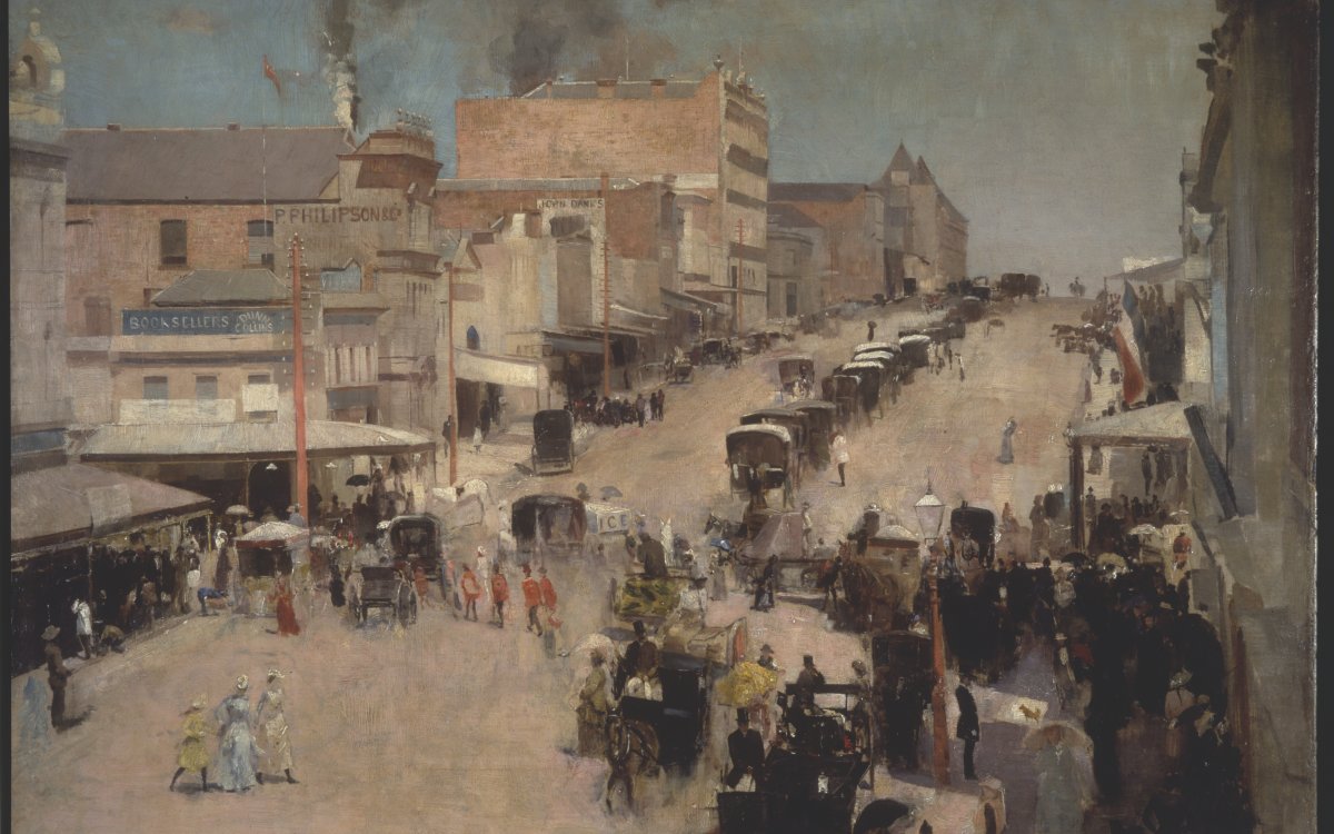 A streetscape painting showing Bourke Street, Melbourne in 1890. The image is a perspective view with Victorian era buildings lining the screens. A line of horsedrawn carriages fill the street. There are people in Victorian era dress walking along the footopaths and crossing the street.
