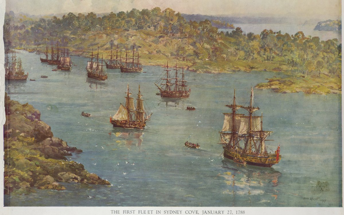 Reproduction of an oil painting showing 9 sailing ships making their way into Syndey cove. Below the image is text that reads "The First Fleet in Sydney Cove, January 22, 17888" Underneth this headline is a blurb describing an account of the arrival and a description of the image
