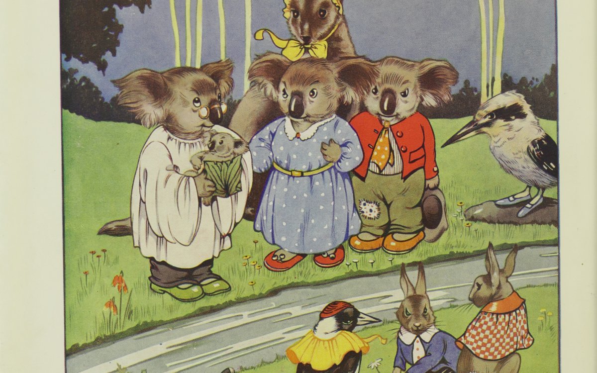 Image of colourful illustration with a variety of Australian native animals and two rabbits. All the animals are wearing clothes. A koala wearing glasses and a white cassock holds a baby koala. Text below the illustration reads "What shall I name this young bear" he asked