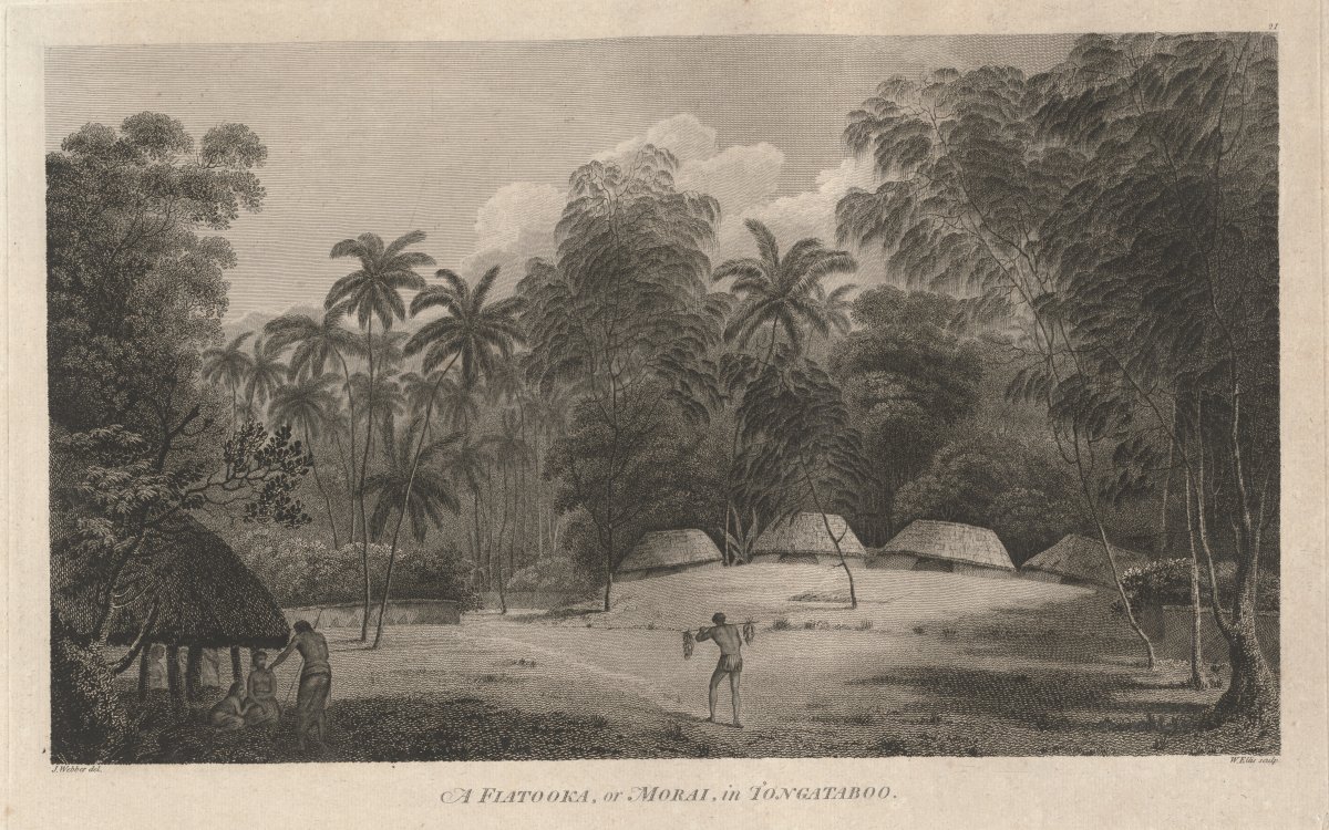 A clearing in a forest. The grassy area is slightly hilly. On the crest of the hills are a number of huts with thatched roofs. A figure walks through the centre of the image carrying a yoke with baskets or buckets attached. In the foreground to the left a figure is leaning on a spear or stick while talking to two seated figures