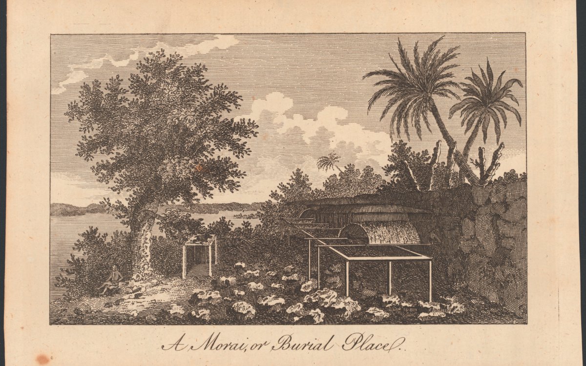 A perspective drawing of a ceremonial compound. Within the courtyard are two structures, one has a thatched roof. There are large rocks littering the ground. The compound is on the shore of a body of water. It is surrounded by large trees.