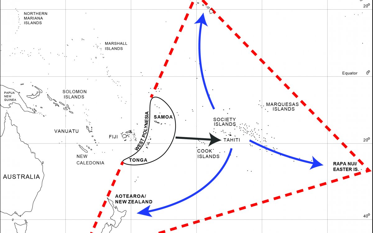 Map of the Pacific showing red dashed line that forms a triangle encompassing Polynesia with Hawaii in the north, Rapa Nui in the east and Aotearoa/New Zealand in the South west. A black arrow points from Samoa and Tonga towards Tahiti. Blue arrows radiate from Tahiti in the centre of the triangle showing colonisation movements  from West Polynesia to East Polynesia.
