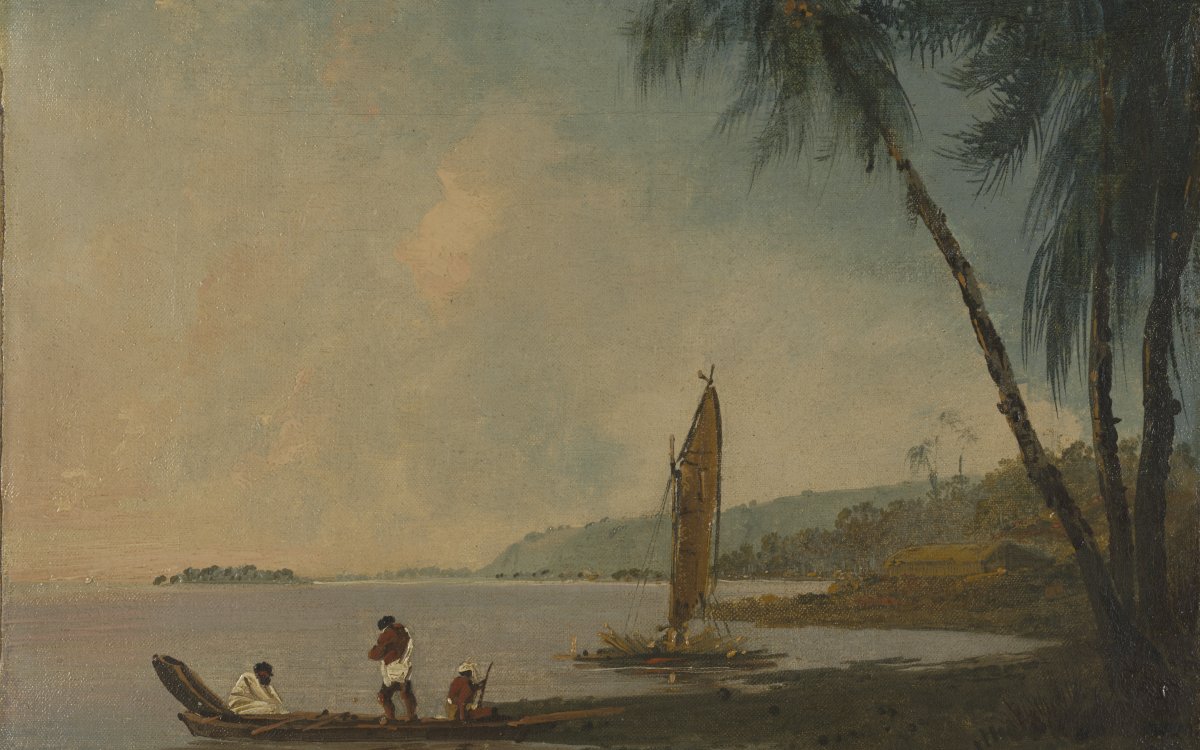 Two figures sit while a third stands in a small wooden canoe that is nudging the shore of a wide bay. A large palm tree dominatre the right side of the image. Floating just off the shore is a wooden raft with an upright, unfurled sail. Just visible among the trees is a long hut with a thatched roof.