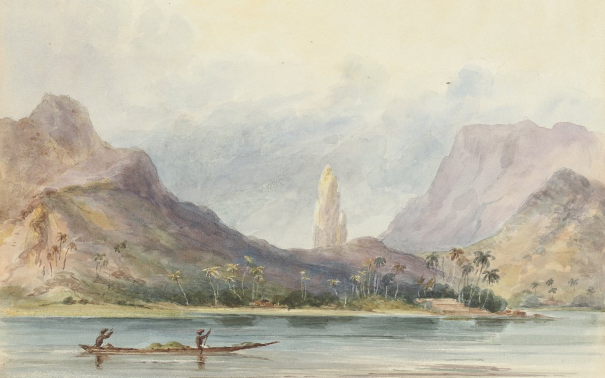 A colourful watercolour showing the mountainous coastline of Tahiti. The mountains are shades of grey, blue and purple. The sky has billowing clouds.The shore is dotted with vegetation. In the foreground, two figures row a long canoe along the coast. The canoe is carrying something, although it's unclear what it is.