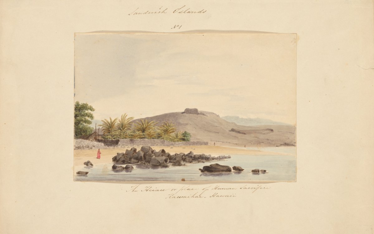 A watercolour depicting a ceremonial site. There is a grey stone outcropping surrounded by trees and water. In the foreground are large boulders on the beach and in the water. A figure in a red robe is standing on the shore. A ceremonial canoe and a thatched hut can be seen among the trees. The image is mounted in an album. Surrounding the image is handwriting. At the top of the image "Sandwich Islands No.1". At the bottom " The heiau or place of human sacrifice, Kawaihae, Hawaii"