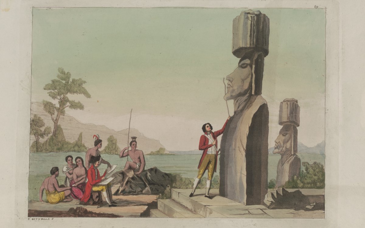 An image of two large statues (moai) standing on the shores of a lake or bay. Two men of European descent are drawing and measuring the statues. Five Polynesian people, two women and three men, sit around end of the water. One man is holding a spear or long stick. Behind them are large trees and mountains.