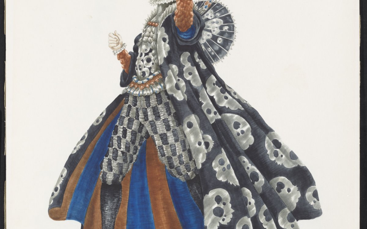 Sketch showing costume design featuring a long cape, blue and brown patterns and regal detailing.