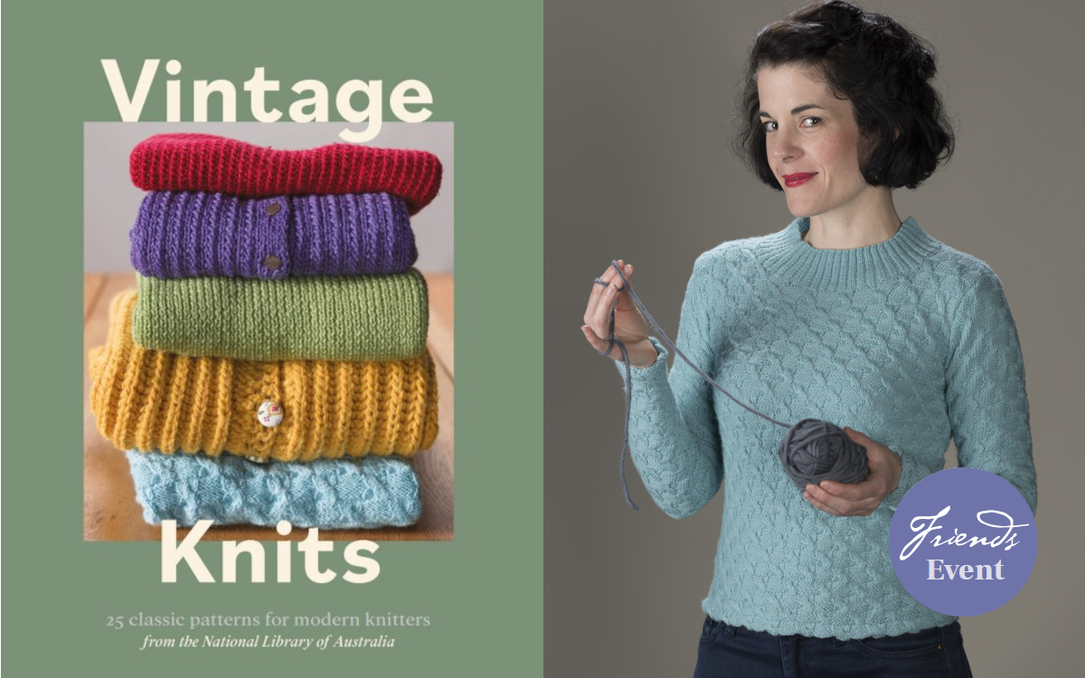 Cover of Vintage Knits publication and a woman wearing a blue jumper holding a ball of wool