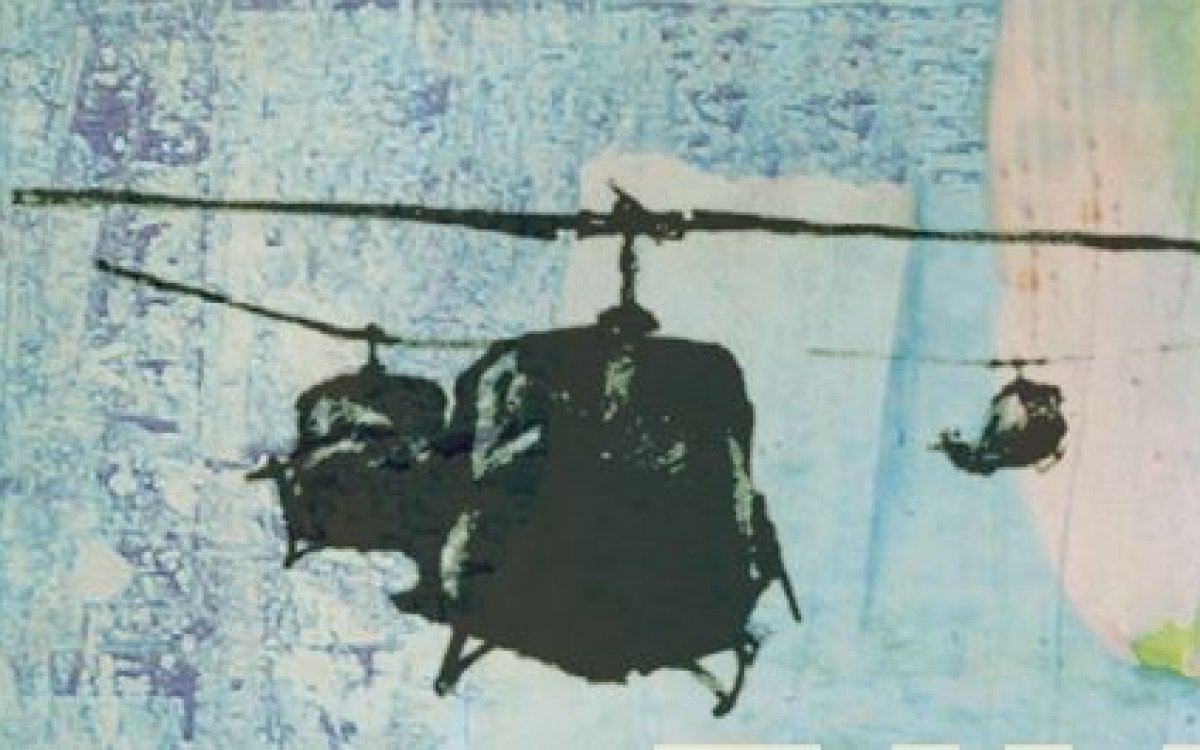 An image of two helicopters on a blue watercolour style background