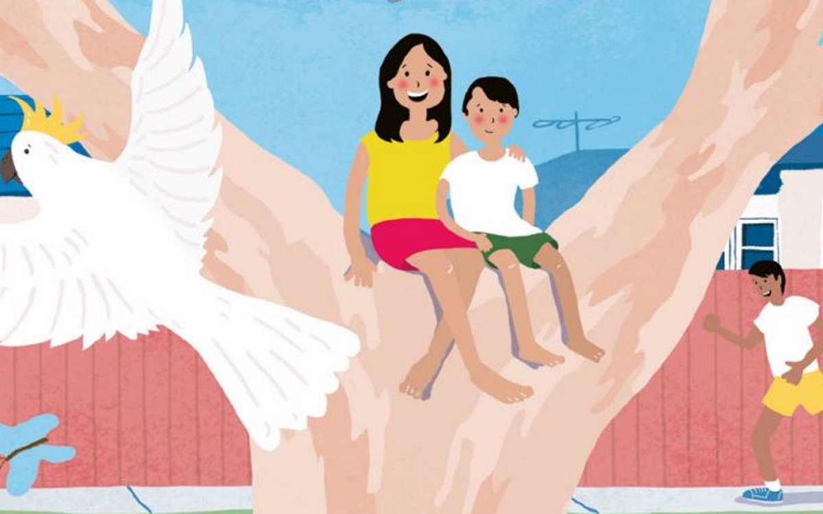 An illustration of two children sitting in a tree, with a cockatoo flying past and a person on a sidewalk in the background