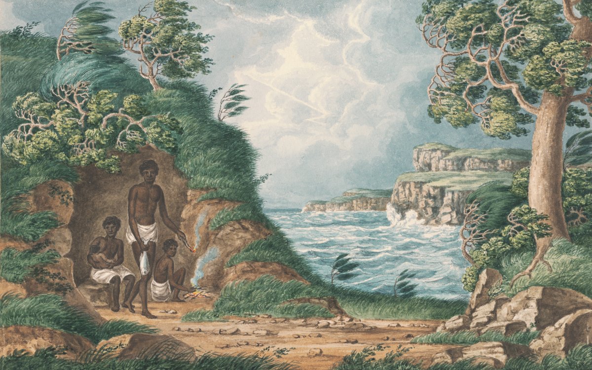 A watercolour image depicting a coastal scene. It is dark and story and the waves are crashing against the cliff. A group of four people take shelter behind a rock face. Three figures are adults and one is a small baby on a woman's lap. The tree's are being blown by the wind.